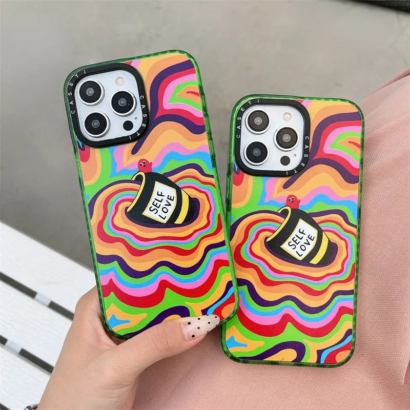 Green hard PC glitter acrylic phone case with love yourself more graphic for iPhone 13