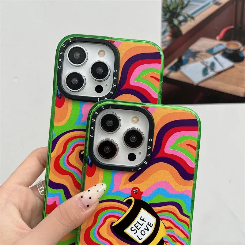 Green hard PC glitter acrylic phone case with love yourself more graphic for iPhone 13