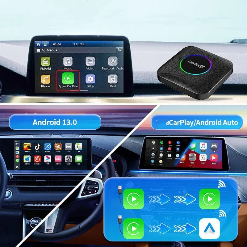 Car wired to wireless converter box with ABS PC casing, high-pass eight-core system for wireless CarPlay and Android Auto.