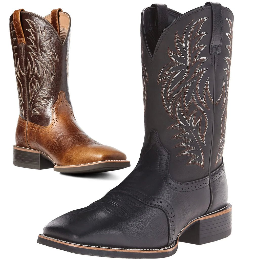 Black western cowboy boots with intricate ethnic embroidery stitching and a wide square toe.
