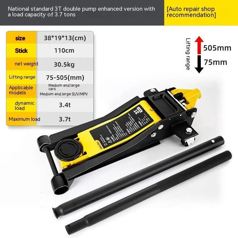 Horizontal hydraulic low-profile car jack with handle for tyre changing