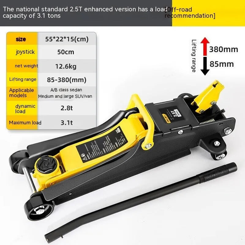 Horizontal hydraulic low-profile car jack with handle for tyre changing