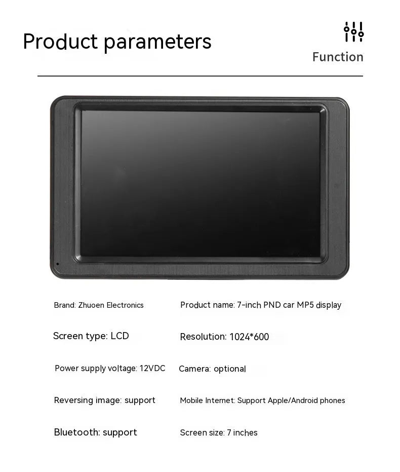 7-inch portable vehicle MP5 player with LCD screen and mounting bracket