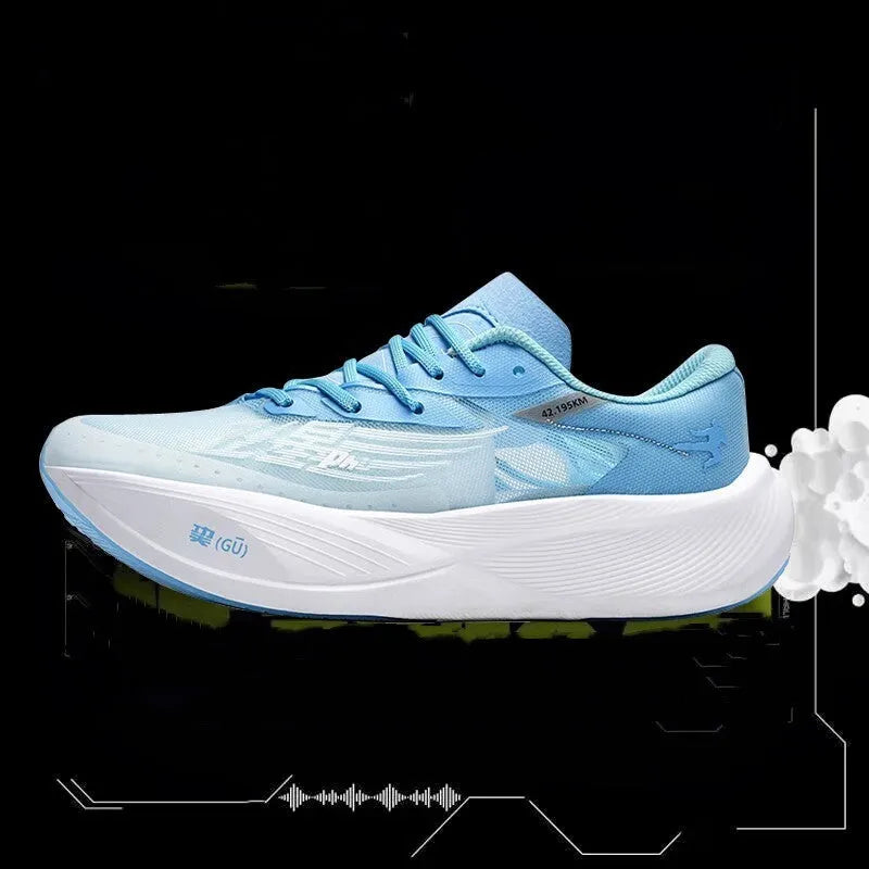 Low-top racing sneaker in glacier colour with carbon plate sole, PU mesh upper, and lace-up closure.