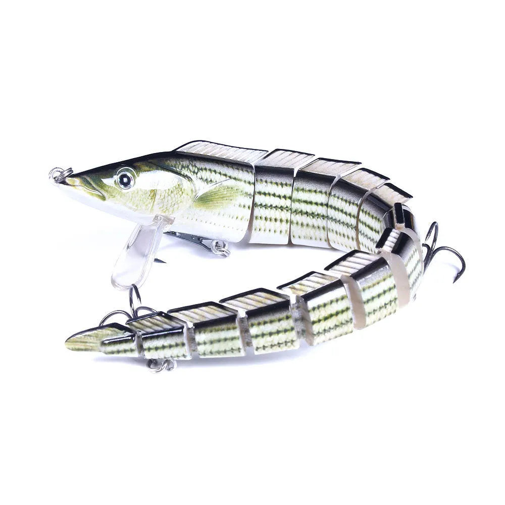 Multi-section simulated loach fishing lure showing jointed body design and colour variation options