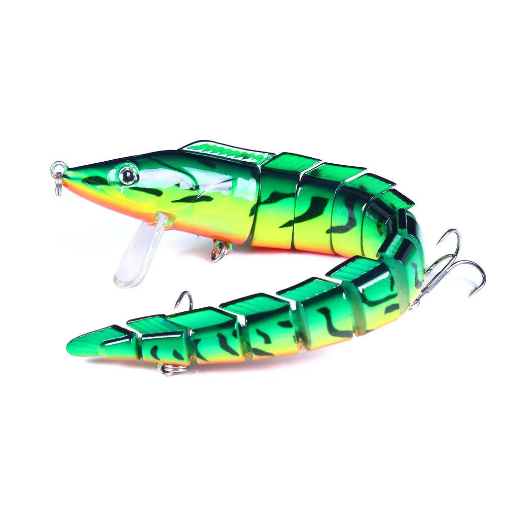 Multi-section simulated loach fishing lure showing jointed body design and colour variation options