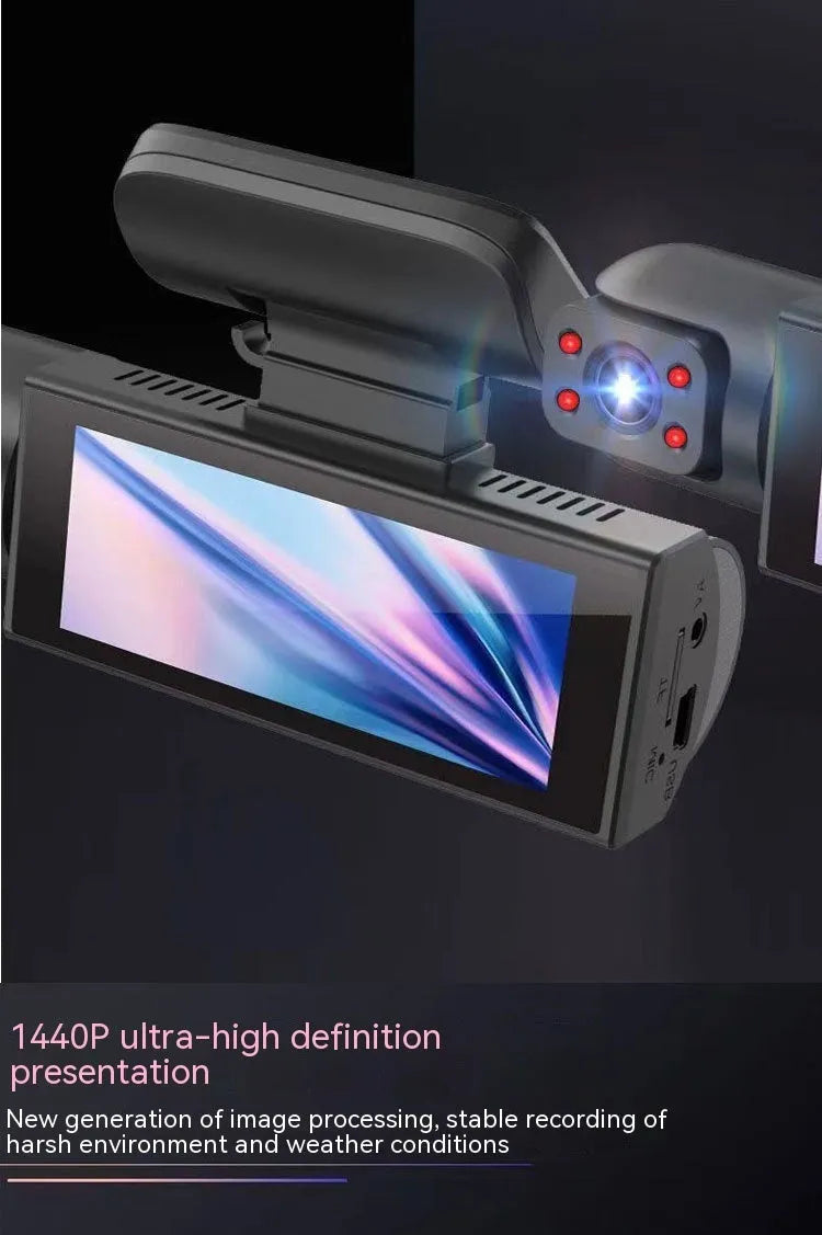 Dual-lens driving recorder with 3.5-inch screen showing front and interior recording