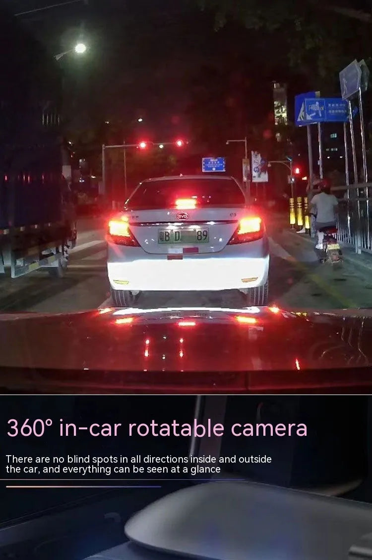 Dual-lens driving recorder with 3.5-inch screen showing front and interior recording