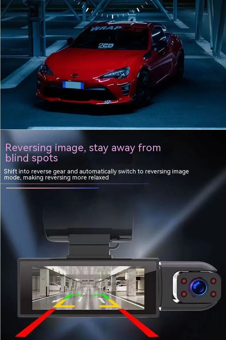 Dual-lens driving recorder with 3.5-inch screen showing front and interior recording