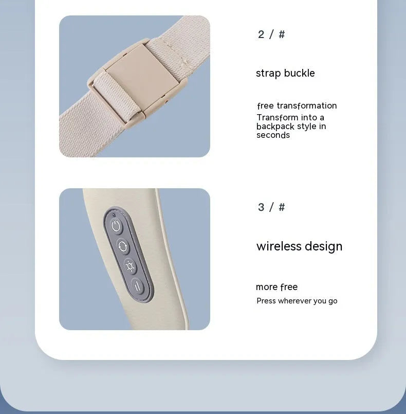 Beige neck massage pillow with six massage heads and wireless remote control on a table