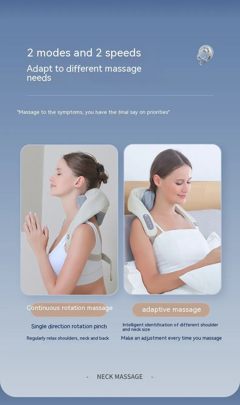 Beige neck massage pillow with six massage heads and wireless remote control on a table