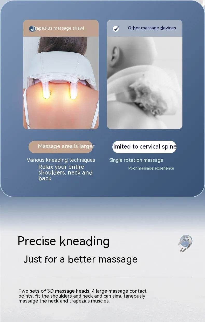 Beige neck massage pillow with six massage heads and wireless remote control on a table