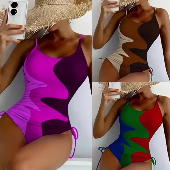Women's sleeveless backless one-piece swimsuit in blue striped print