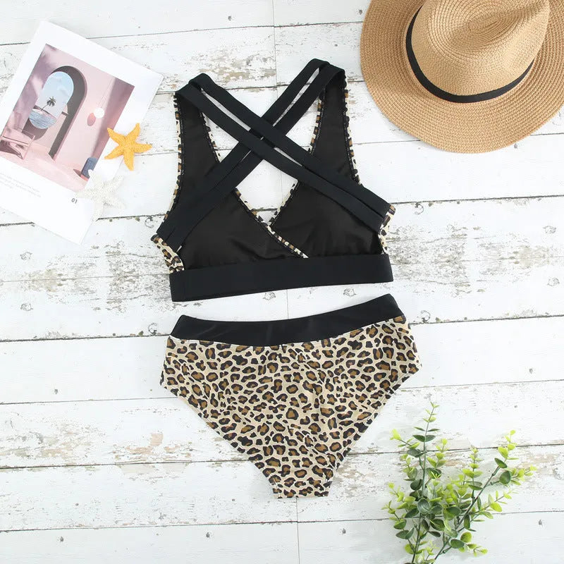 Leopard print women's bikini with cross banded V-neck top and split briefs.