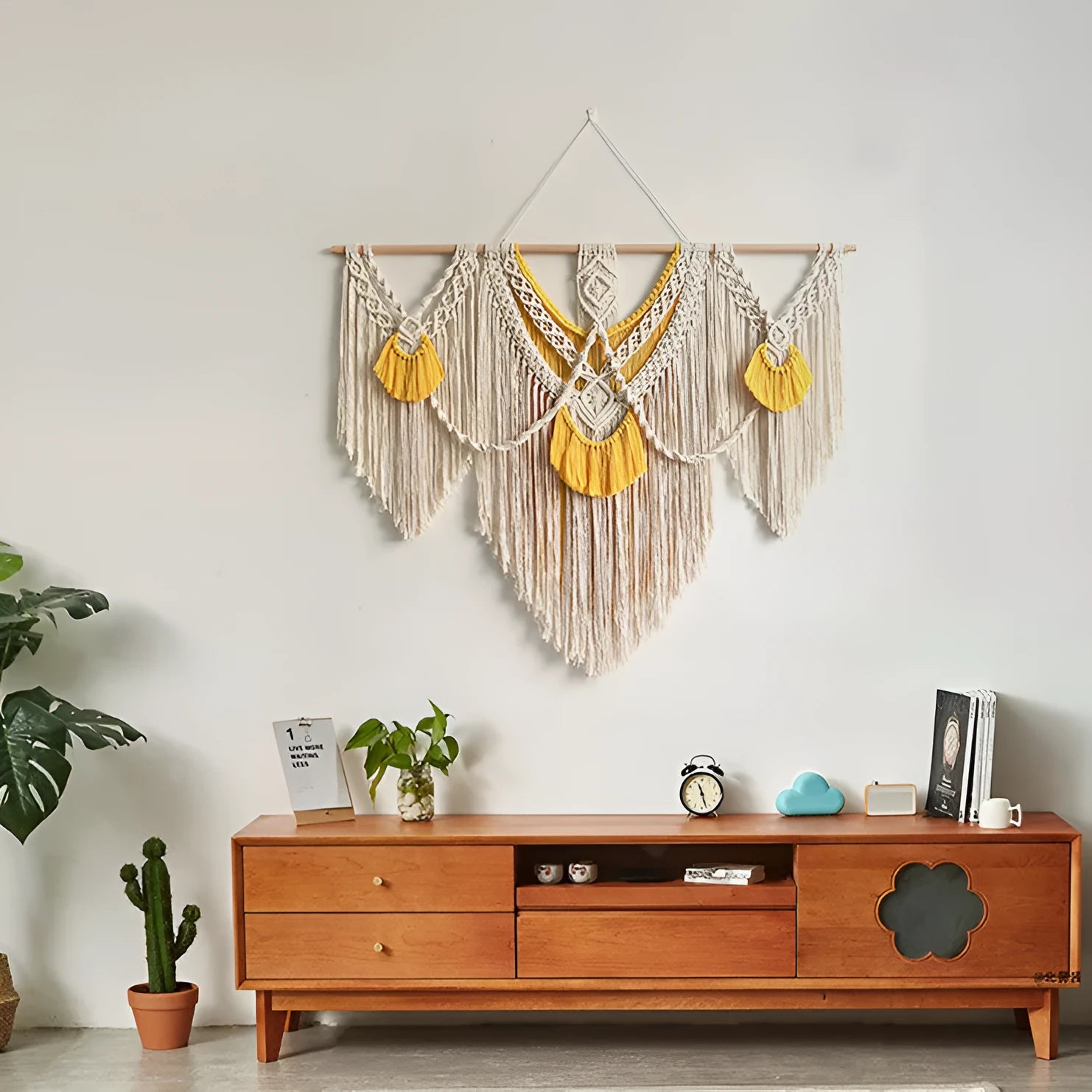 Nordic style hand-woven cotton tapestry rectangular wall hanging creamy white with yellow accents 120x95cm