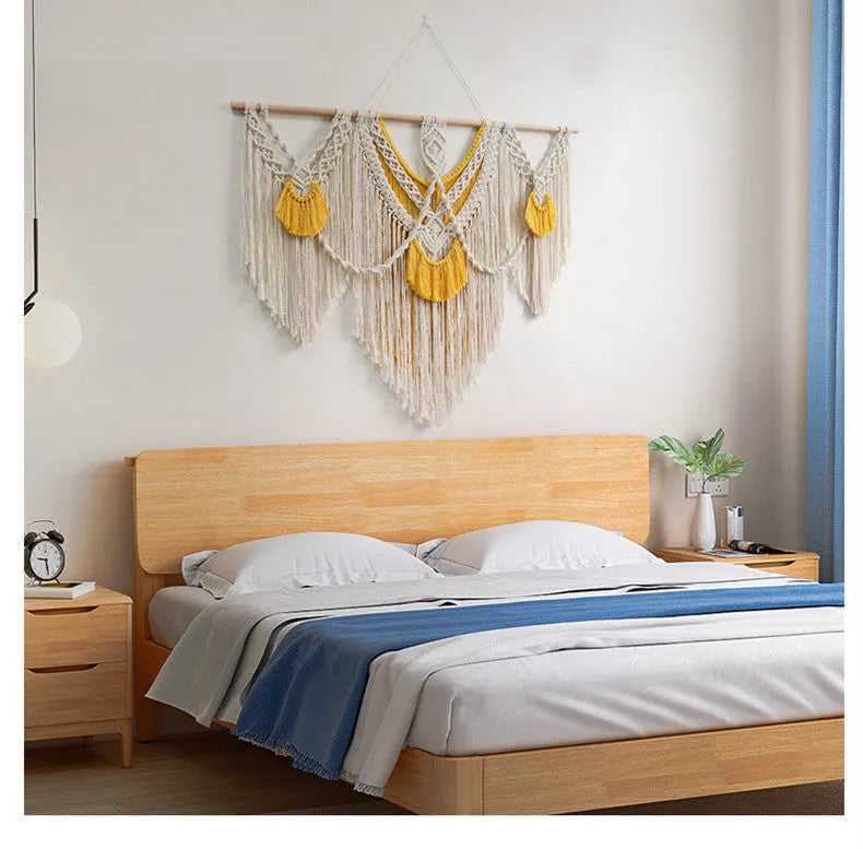 Nordic style hand-woven cotton tapestry rectangular wall hanging creamy white with yellow accents 120x95cm