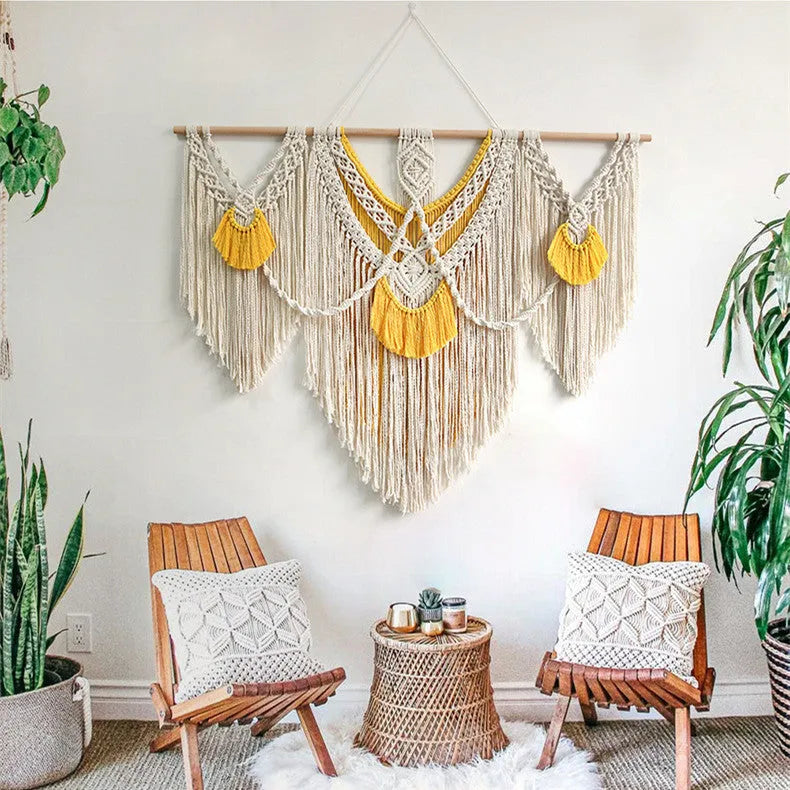 Nordic style hand-woven cotton tapestry rectangular wall hanging creamy white with yellow accents 120x95cm