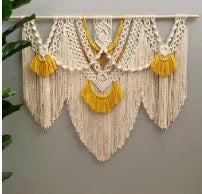 Nordic style hand-woven cotton tapestry rectangular wall hanging creamy white with yellow accents 120x95cm