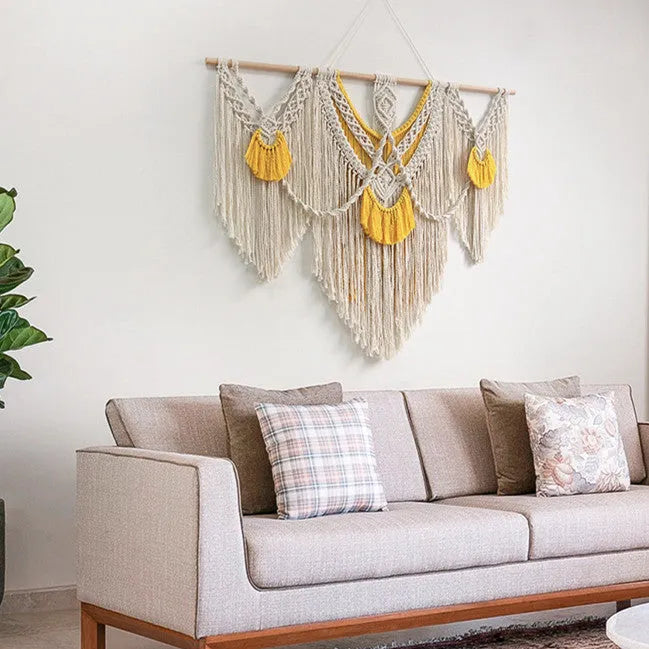 Nordic style hand-woven cotton tapestry rectangular wall hanging creamy white with yellow accents 120x95cm