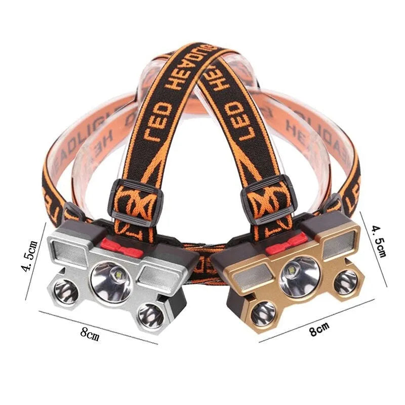 10W PVC head-mounted LED miner's lamp with head strap, shown with data cable and storage box.