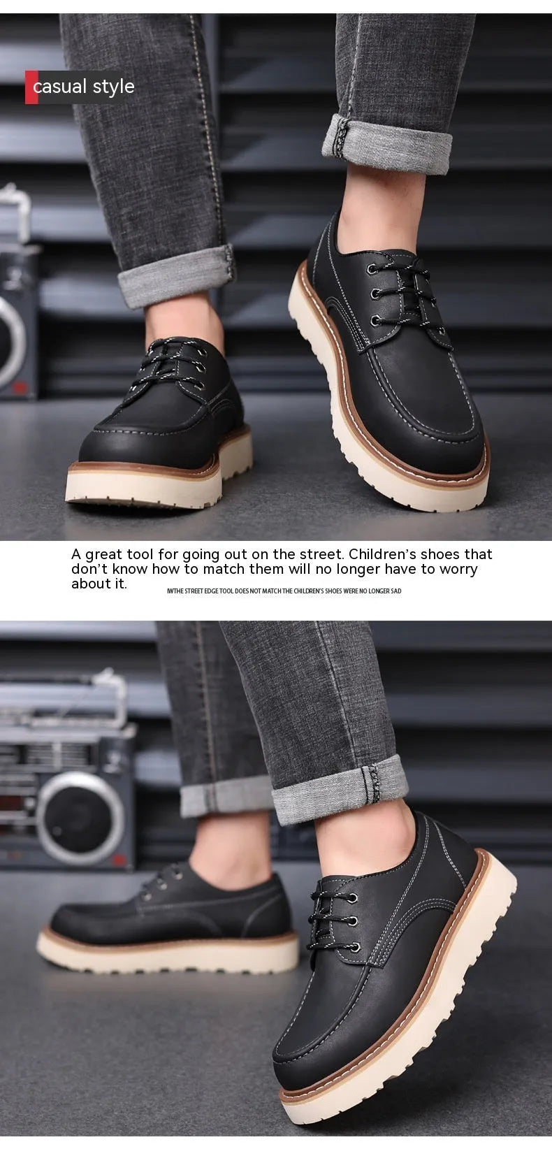 Men's black retro low-top casual worker boots with a rounded toe and rubber sole.