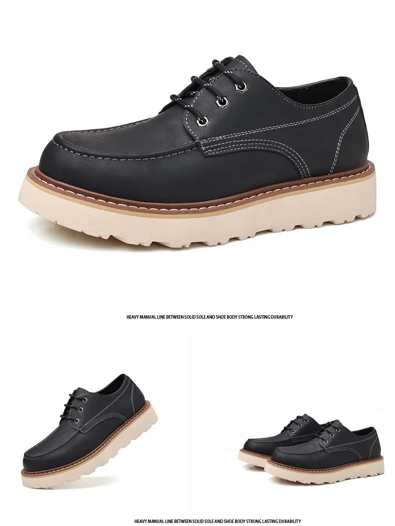 Men's black retro low-top casual worker boots with a rounded toe and rubber sole.