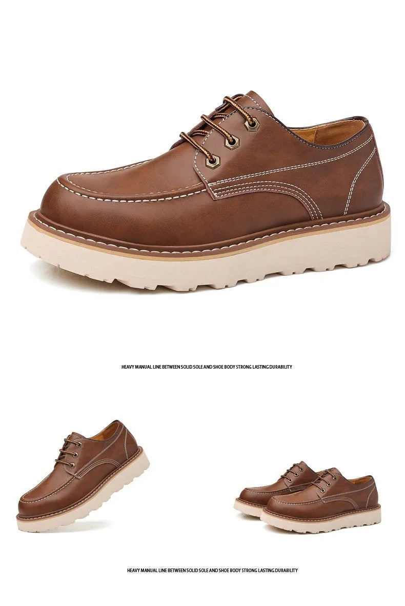 Men's black retro low-top casual worker boots with a rounded toe and rubber sole.