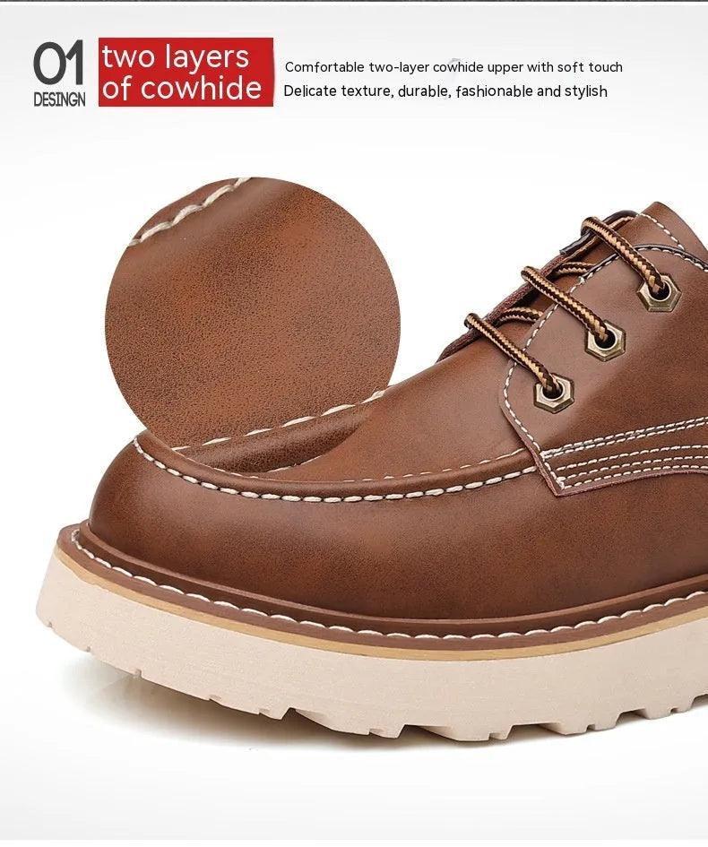 Men's black retro low-top casual worker boots with a rounded toe and rubber sole.