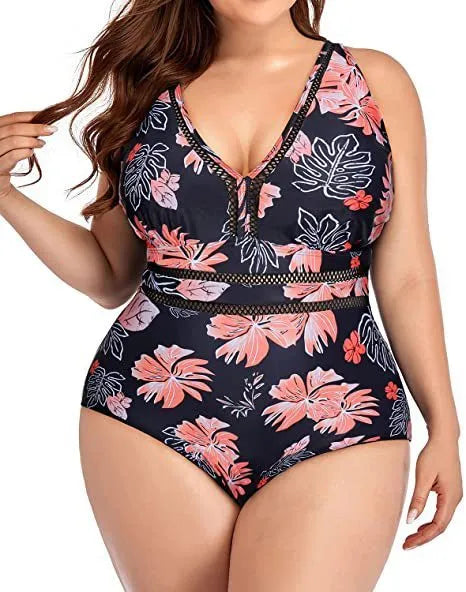 Women's plus size black printed mesh bikini swimsuit for swimming