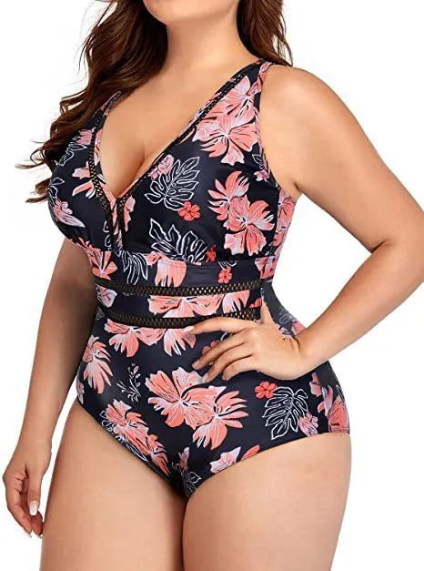Women's plus size black printed mesh bikini swimsuit for swimming
