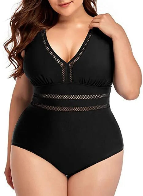 Women's plus size black printed mesh bikini swimsuit for swimming