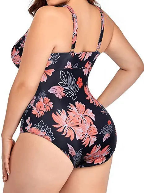 Women's plus size black printed mesh bikini swimsuit for swimming