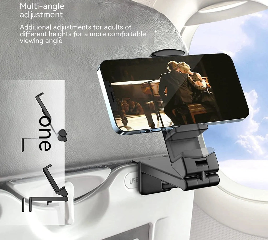 A foldable black phone holder with a rotating head, shown holding a smartphone.