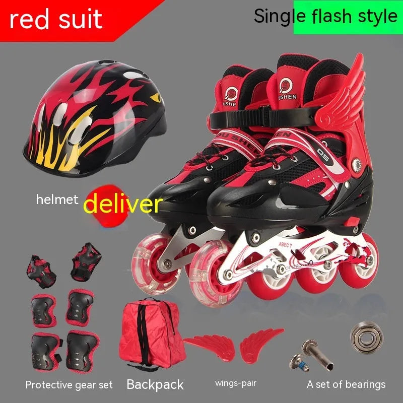 Children's adjustable skating shoes with aluminium frame, PU foam wheels, and complete protective gear set including helmet