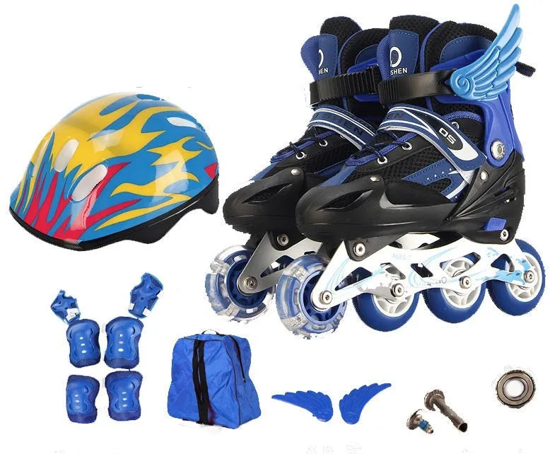 Children's adjustable skating shoes with aluminium frame, PU foam wheels, and complete protective gear set including helmet