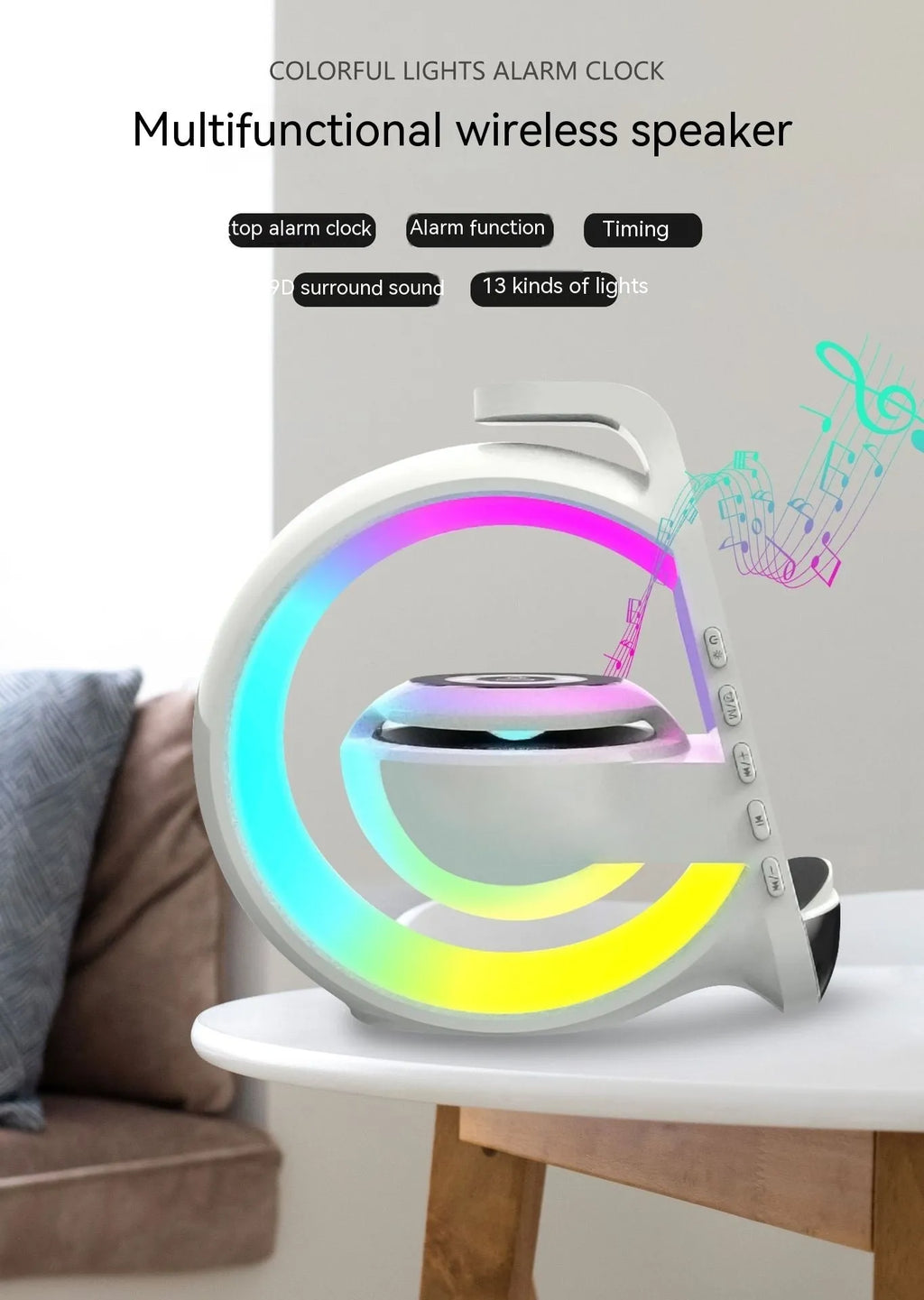 White Bluetooth speaker six-in-one wireless charger with ambience light and dual microphones for home karaoke