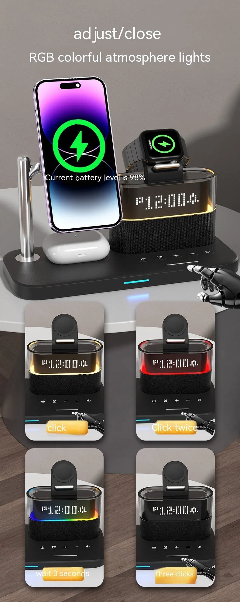 C09 Black three-in-one magnetic night lamp wireless charger with alarm clock on a table