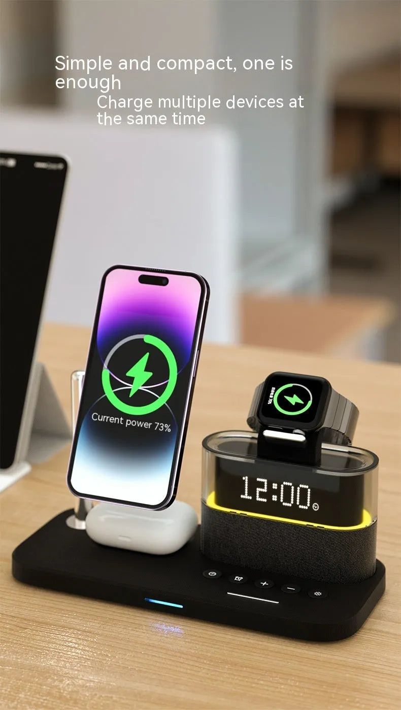 C09 Black three-in-one magnetic night lamp wireless charger with alarm clock on a table