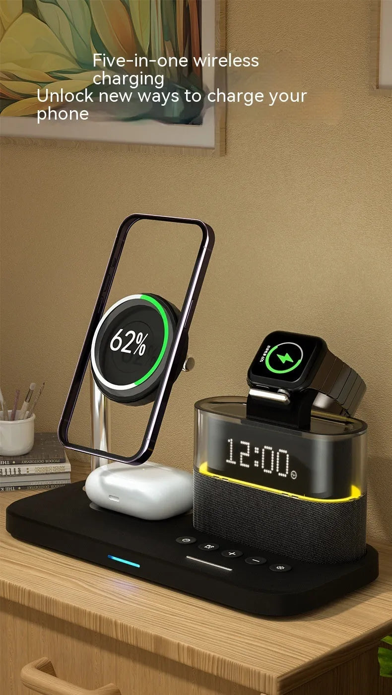 C09 Black three-in-one magnetic night lamp wireless charger with alarm clock on a table