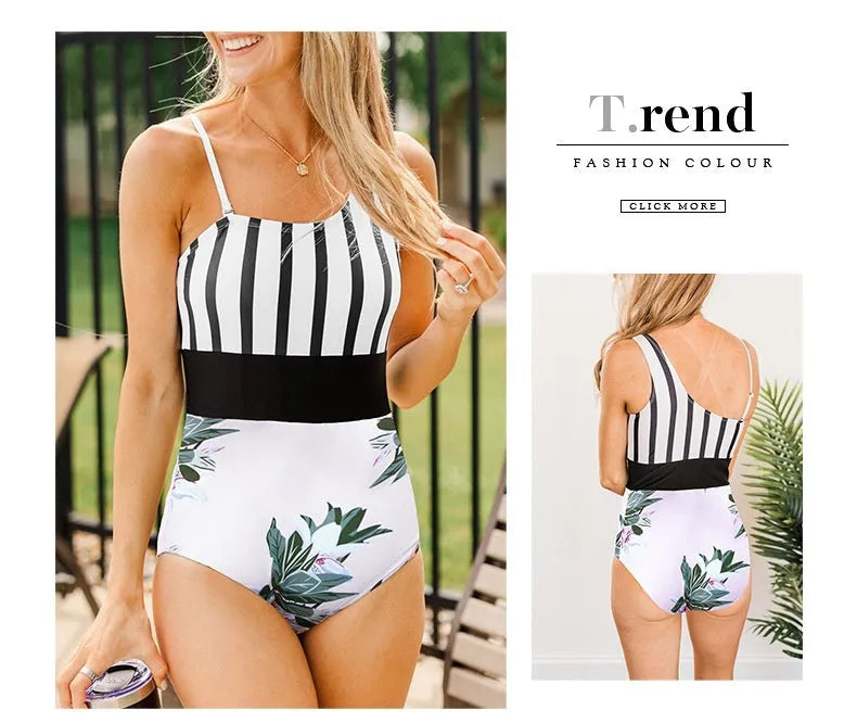 Women's leopard print one-piece swimsuit with asymmetric collar and high waist briefs