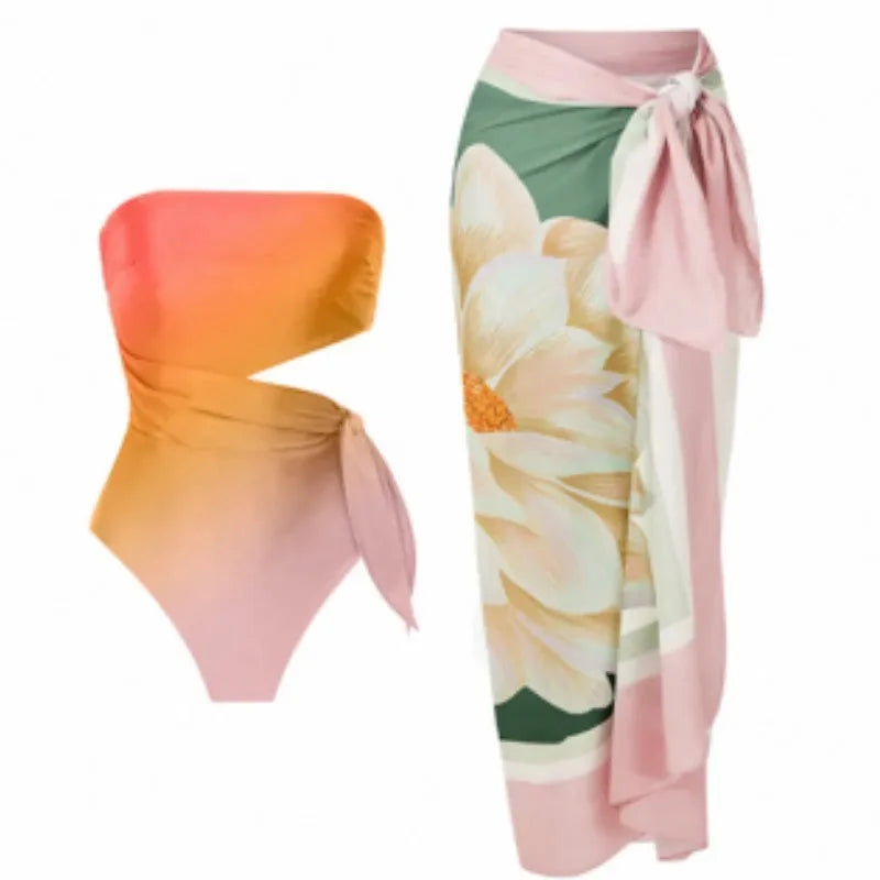 Women's French-style retro printed one-piece swimsuit in quick-drying polyester fabric