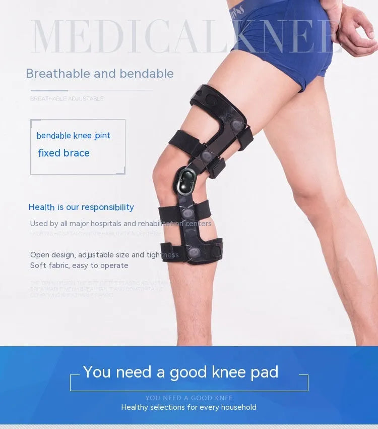 Black hinged knee pad and supporter for anterior ligament, shown with iron and plastic side hinges.