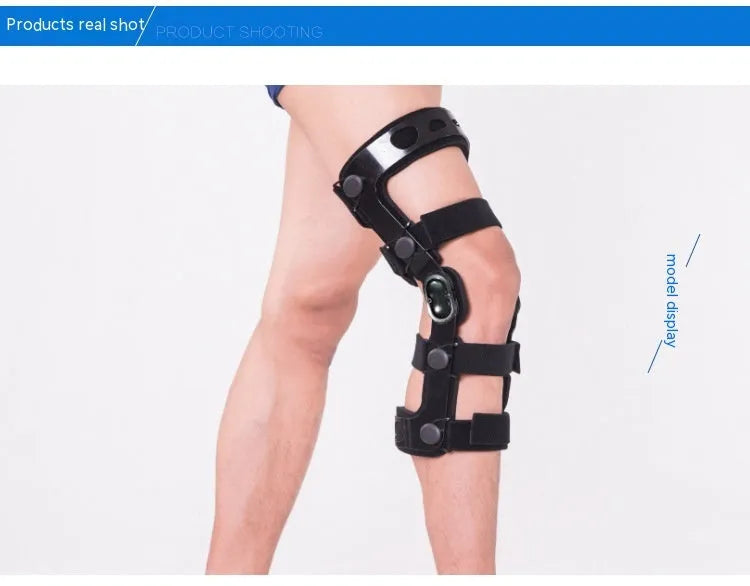 Black hinged knee pad and supporter for anterior ligament, shown with iron and plastic side hinges.