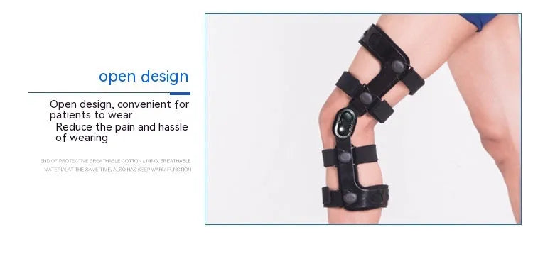 Black hinged knee pad and supporter for anterior ligament, shown with iron and plastic side hinges.