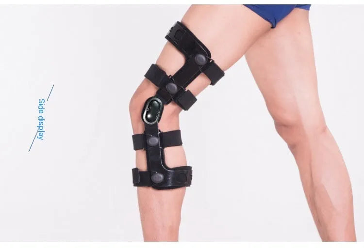 Black hinged knee pad and supporter for anterior ligament, shown with iron and plastic side hinges.