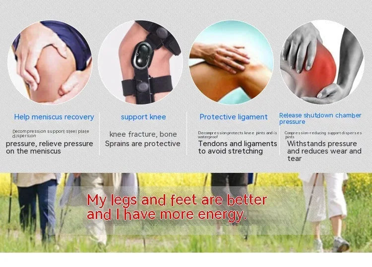 Black hinged knee pad and supporter for anterior ligament, shown with iron and plastic side hinges.