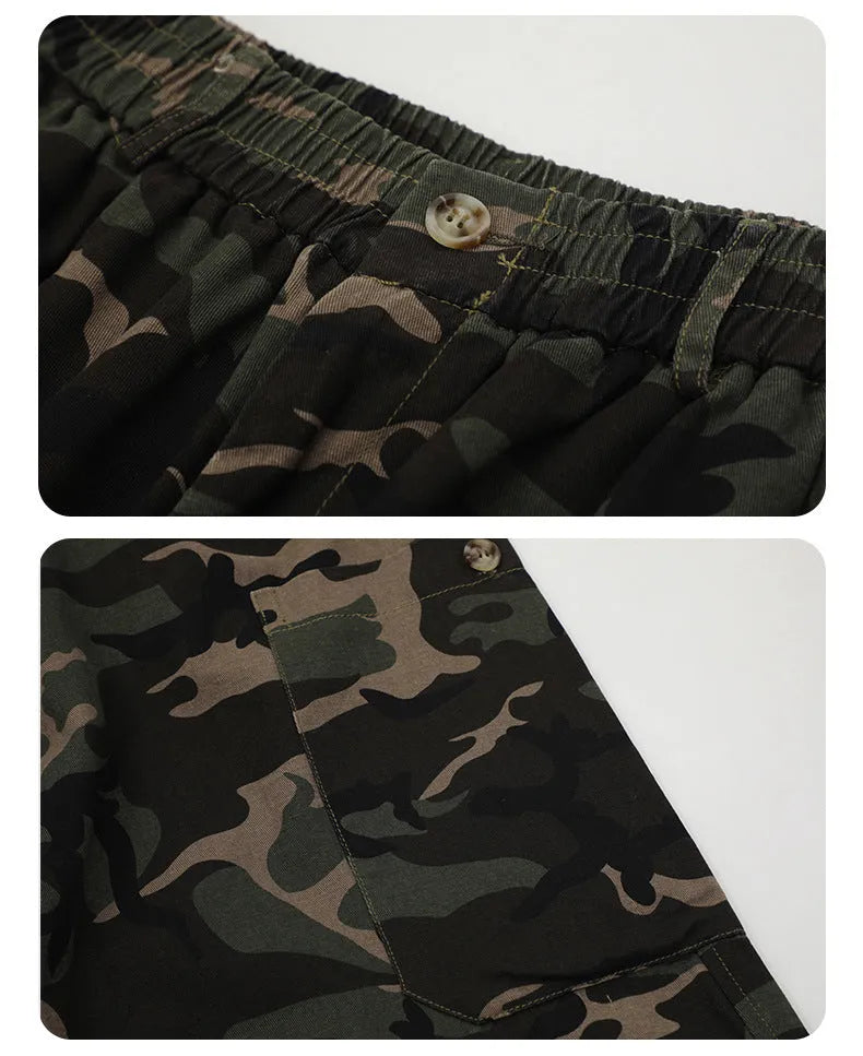 Camouflage cotton cargo pants, straight leg, mid waist, adjustable leg shaping, sizes S to XXL