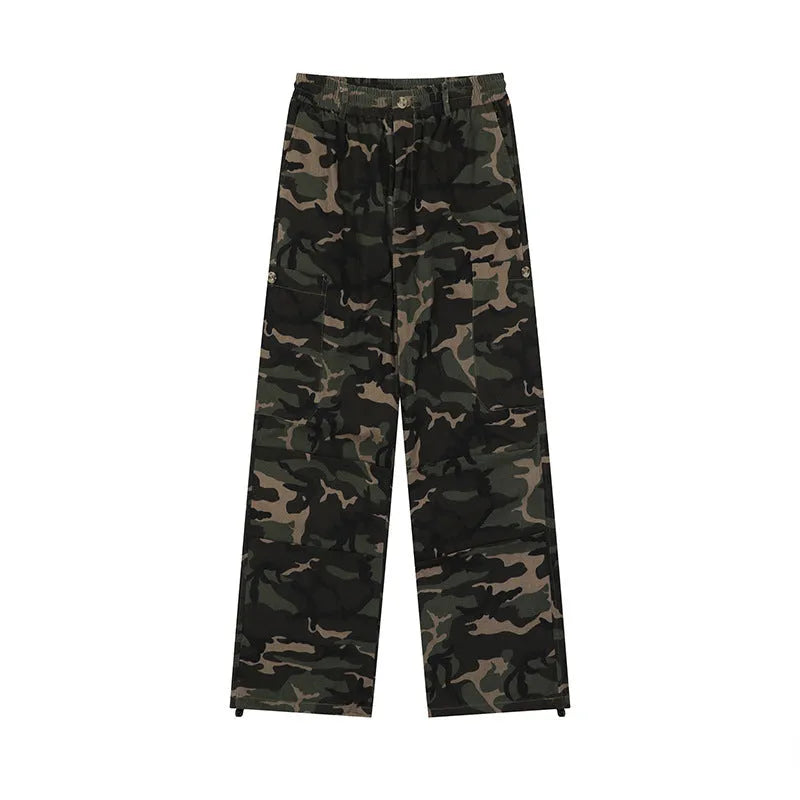 Camouflage cotton cargo pants, straight leg, mid waist, adjustable leg shaping, sizes S to XXL