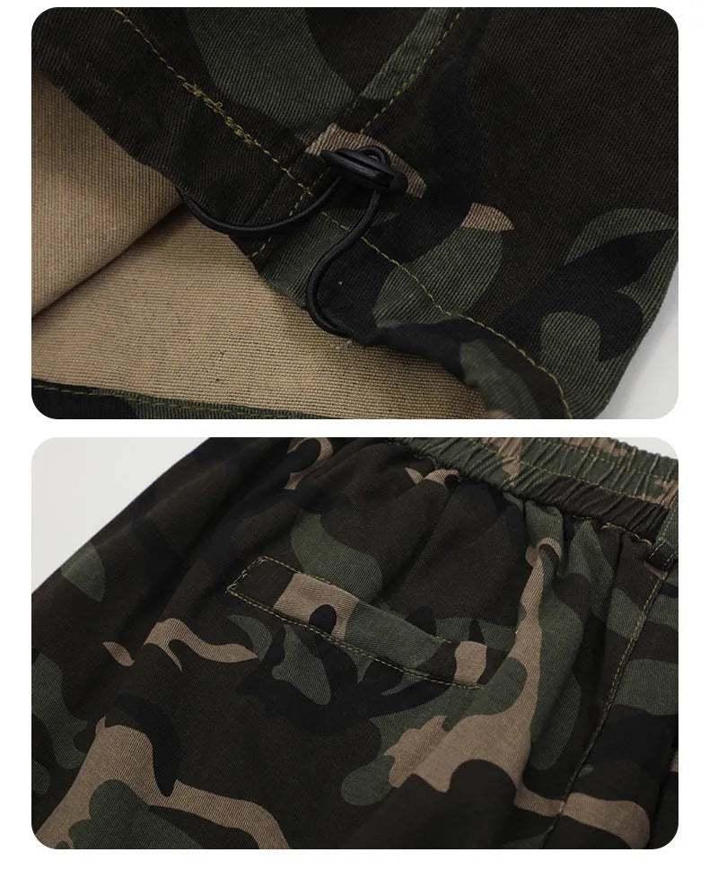 Camouflage cotton cargo pants, straight leg, mid waist, adjustable leg shaping, sizes S to XXL