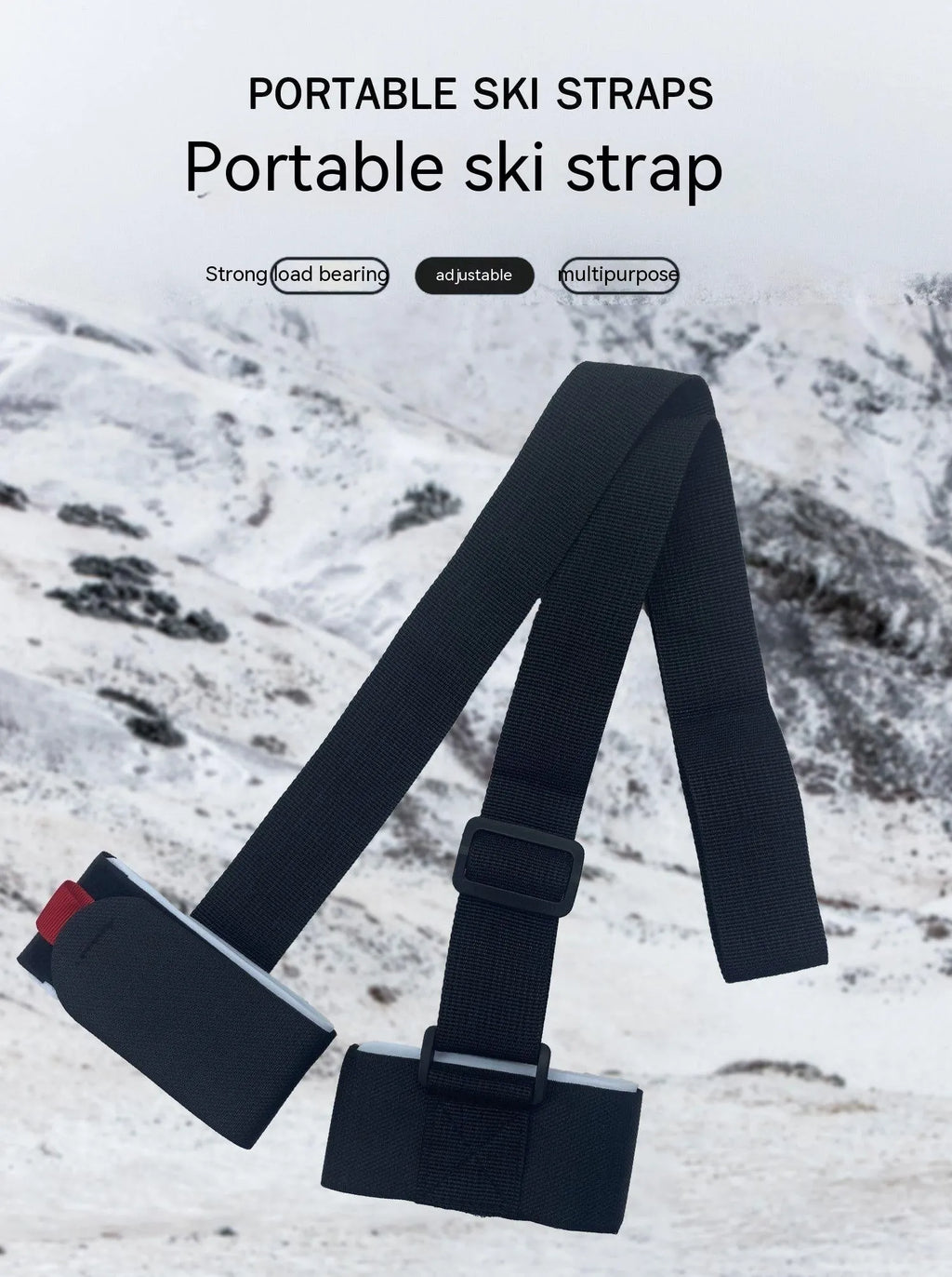 Adjustable shoulder strap for skiing bandages with hook and loop fastening
